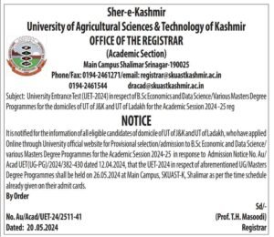 Sher-e-Kashmir University of Agricultural Sciences & Technology of Kashmir Announces Entrance Exam Date