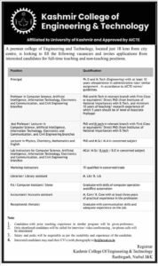 Kashmir College of Engineering & Technology Recruitment 2024 for Teaching and Non-Teaching Positions