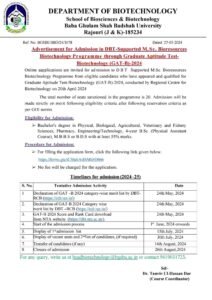 BGSBU Announces Admission in DBT-Supported M.Sc. Bioresources Biotechnology Programme 1 Baba Ghulam Shah Badshah University Announces Admission in DBT-Supported M.Sc. Bioresources Biotechnology Programme