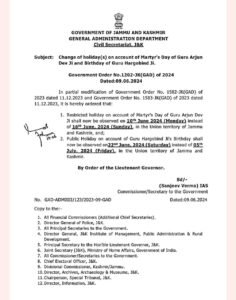 Government of Jammu and Kashmir Issues Revised Holiday Schedule