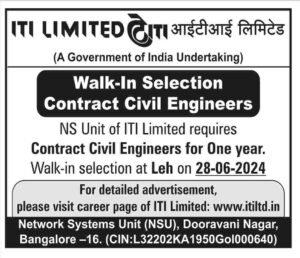 ITI Limited Announces Walk-In Selection for Contract Civil Engineers