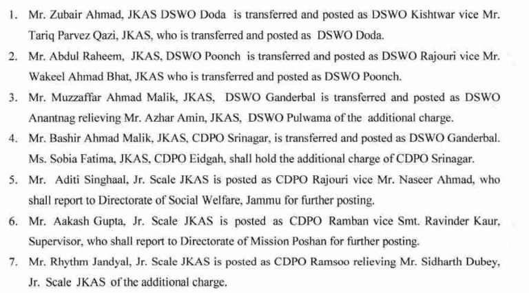 Transfers and Postings of Jr. Scale JKAS Officers