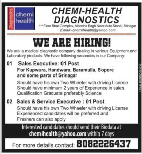 Chemi-Health diagnostics Srinagar Recruitment 2024 check eligibility & apply now