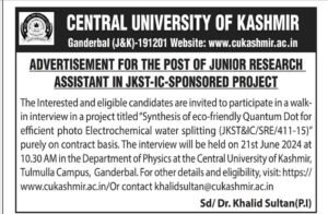 Central University of Kashmir: Apply for Junior Research Assistant Position 1 Central University of Kashmir: Apply for Junior Research Assistant Position