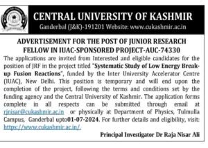 Central University of Kashmir Advertises JRF Position