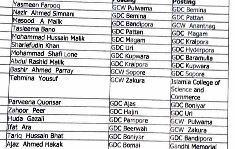 Transfers & Postings of Principals and Placement/Adjustment of Associate Professors