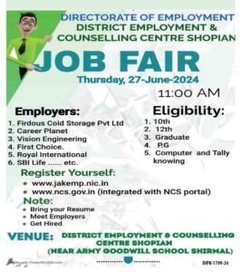 Job Fair in Shopian, 10th 12th pass can apply, check details