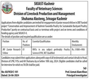 SKUAST-Kashmir Recruitment 2024 for Junior Research Fellow Position