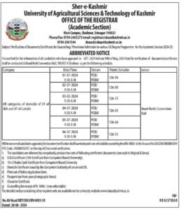 SKUAST Kashmir Announces Document Verification for UG Programmes 1 Sher-e-Kashmir University of Agricultural Sciences & Technology of Kashmir Announces Document Verification for UG Programmes