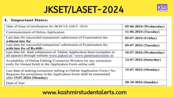 State Eligibility Test (JKSET/LASET-2024) Notification, Application form, Fee, Last Date