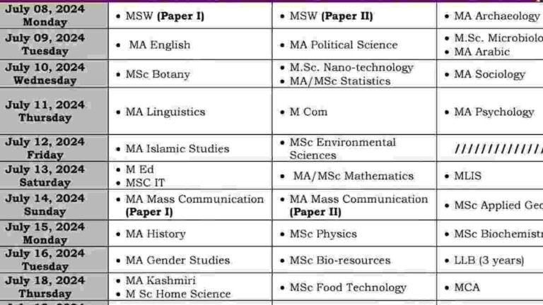 Kashmir University Entrance Test Date Sheet 2024 Download PDF