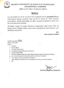 Islamic University of Science and Technology Announces Summer Vacation