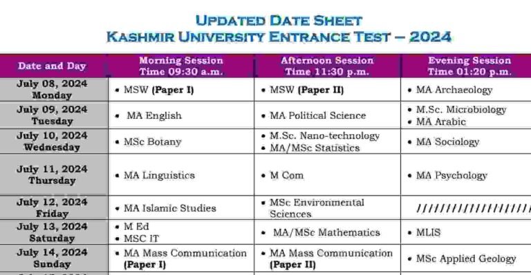 Kashmir University Entrance Test 2024: Updated Date Sheet Released