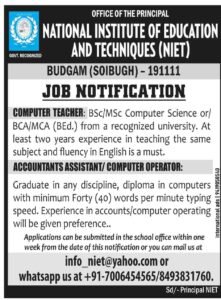 NIET Jobs Recruitment 2024 for Computer Teacher and Accountants Assistant/Computer Operator Vacancies