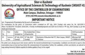 Important Notice for the Post of Cameraman at SKUAST-Kashmir