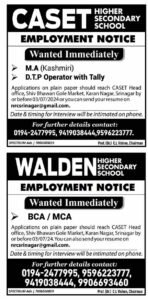CASET Higher Secondary School and Walden Higher Secondary School Jobs recruitment 2024