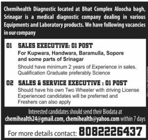 Chemihealth Diagnostic Recruitment 2024 for Sales Executives and Sales & Service Executives posts