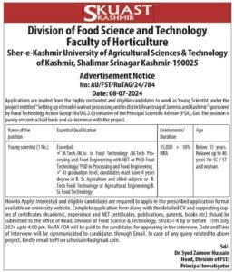 SKUAST-Kashmir Announces Vacancy for Young Scientist Position