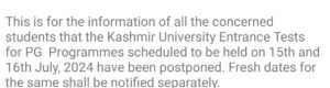 Kashmir University Postpones Entrance Tests for PG Programmes
