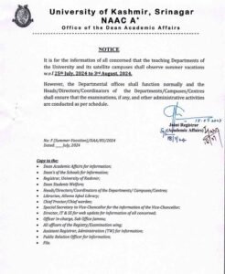 University of Kashmir Announces Summer Vacations for 2024