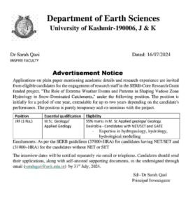University of Kashmir Recruitment 2024 for JRF Position, Apply Online