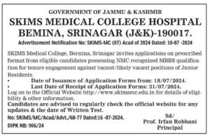 SKIMS Medical College Invites Applications for Junior Resident Positions