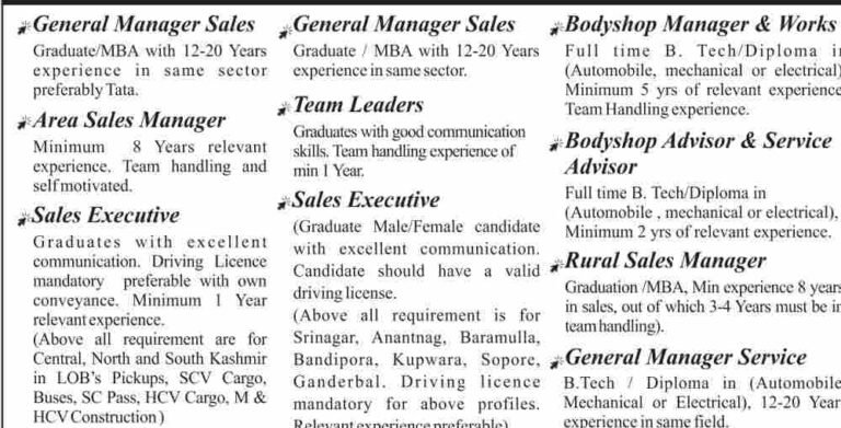 Fairdeal Motors & Workshop Pvt. Ltd. – Tata Motors Hiring in Jammu and Kashmir