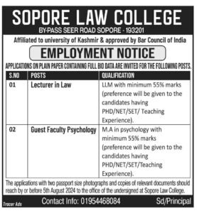 Sopore Law College Invites Applications for Lecturer in Law and Guest Faculty Psychology
