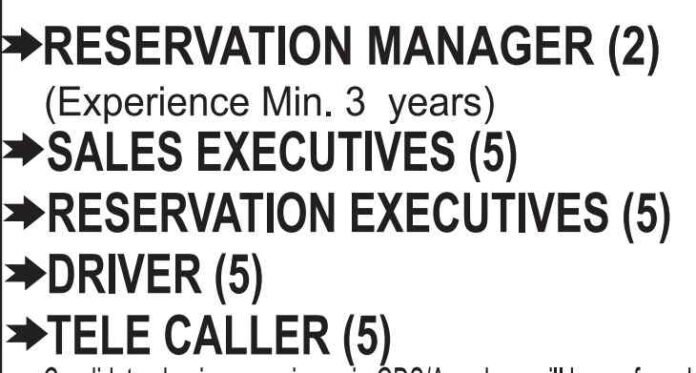 Driver, Reservation Manager & Telecaller Jobs; Salary 17000, Eligibility