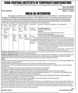 ICAR-Central Institute of Temperate Horticulture (ICAR-CITH), Srinagar Invites Applications for Walk-in-Interview