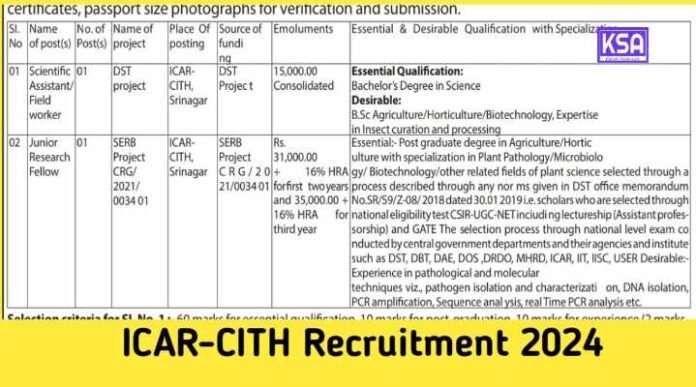 ICAR-Central Institute of Temperate Horticulture (ICAR-CITH), Srinagar Invites Applications for Walk-in-Interview
