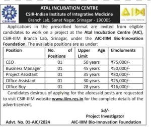 CSIR-IIIM Srinagar Invites Applications for Atal Incubation Centre Positions with Salaries Up to Rs 75,000