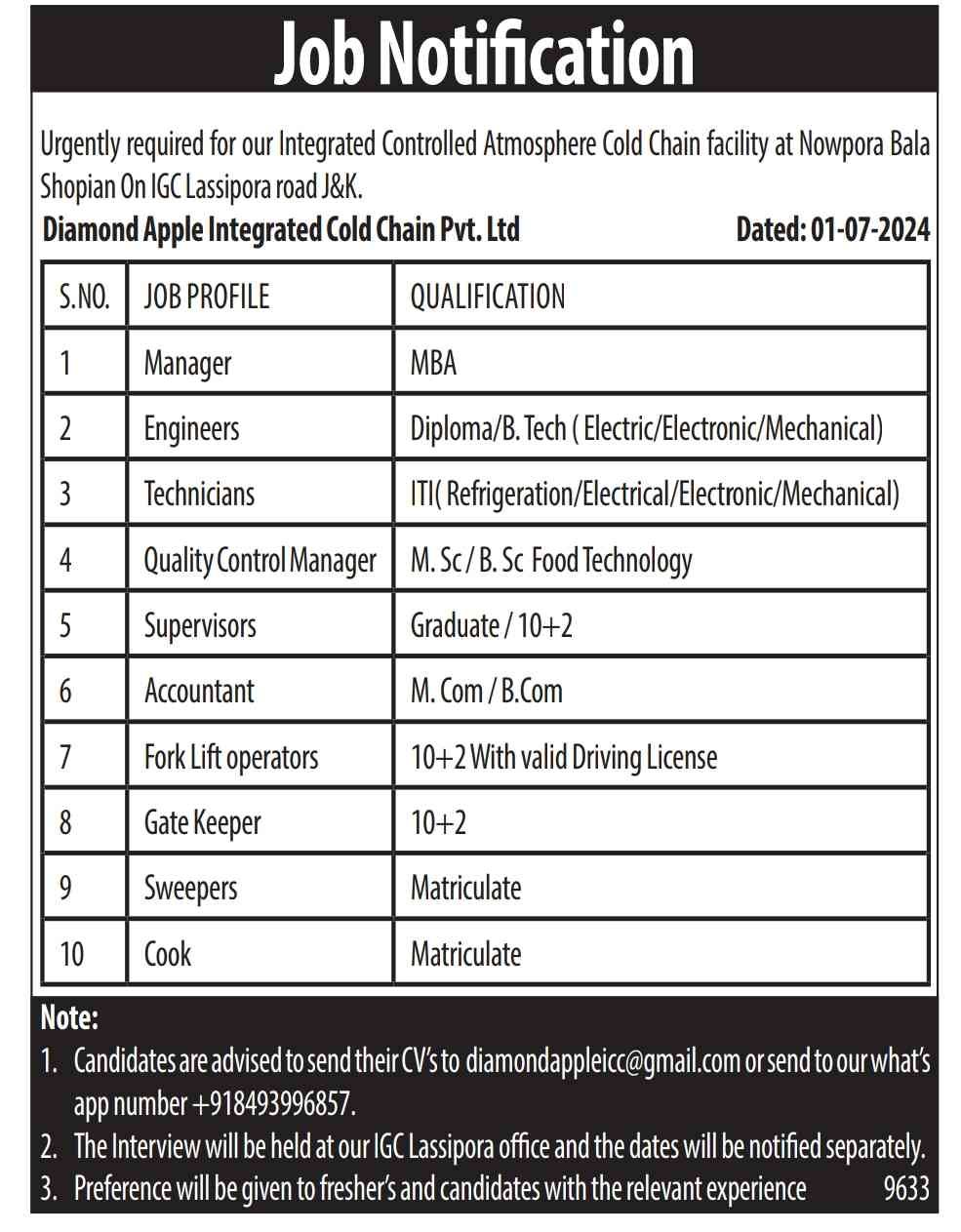 Jobs at Diamond Apple Cold Chain Pvt. Ltd