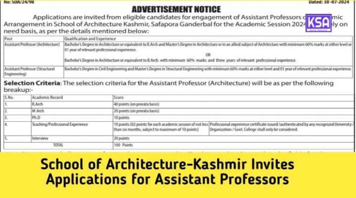 School of Architecture-Kashmir Invites Applications for Assistant Professors