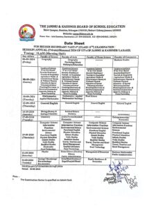 JKBOSE 11th Date Sheet 2024 Jammu & Kashmir and Ladakh UTs