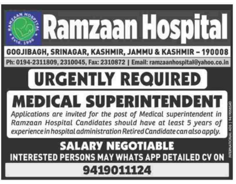 Jobs at Ramzaan Hospital Srinagar