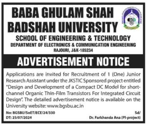 Baba Ghulam Shah Badshah University Invites Applications for Junior Research Assistant