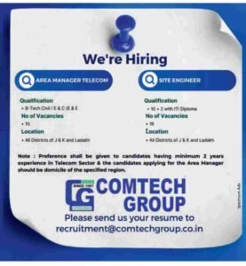 COMTECH GROUP Kashmir jobs Recruitment for Area Manager Telecom and Site Engineer