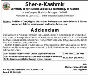 SKUAST-K Recruitment 2024: Additional Assistant Professor Post Added, Application Deadline Extended
