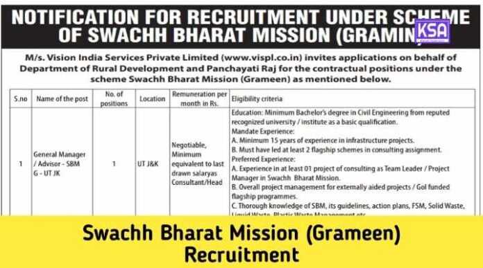 Swachh Bharat Mission (Grameen) Recruitment 2024 Application form, Vacancy, Last Date
