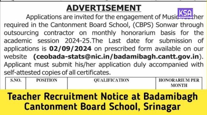 Teacher Recruitment Notice at Badamibagh Cantonment Board School, Srinagar