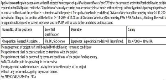 SKUAST Kashmir Recruitment 2024 for Research Associate Post, Salary 47000
