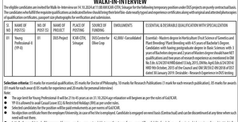 ICAR-CITH Srinagar Recruitment 2024: Walk-In Interview for Young Professional-II Post with Salary of Rs. 42,000/- per Month