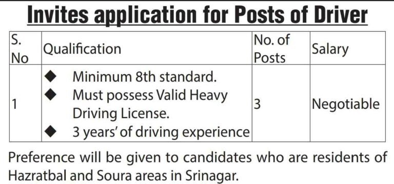 8th Pass Driver Recruitment 2024 at Kashmir College of Engineering and Technology