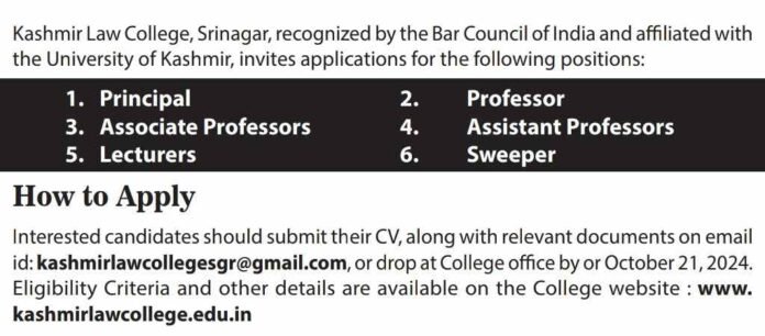 Kashmir Law College Srinagar Recruitment 2024: Apply for Various Academic and Non-Academic posts