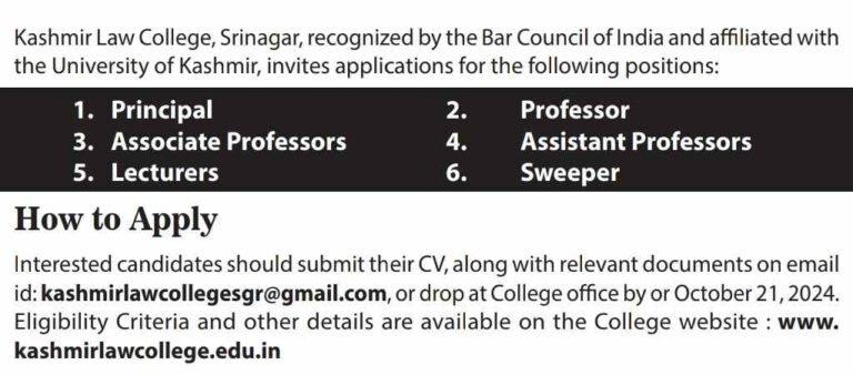 Kashmir Law College Srinagar Recruitment 2024: Apply for Various Academic and Non-Academic posts