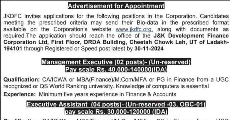 JKDFC Invites Applications for Recruitment of Executives and Assistants, Salary upto 1.2 lakh