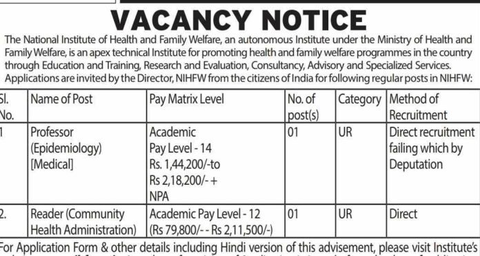 NIHFW Recruitment: Professor & Reader Positions with Salary up to Rs. 2.18 Lakh