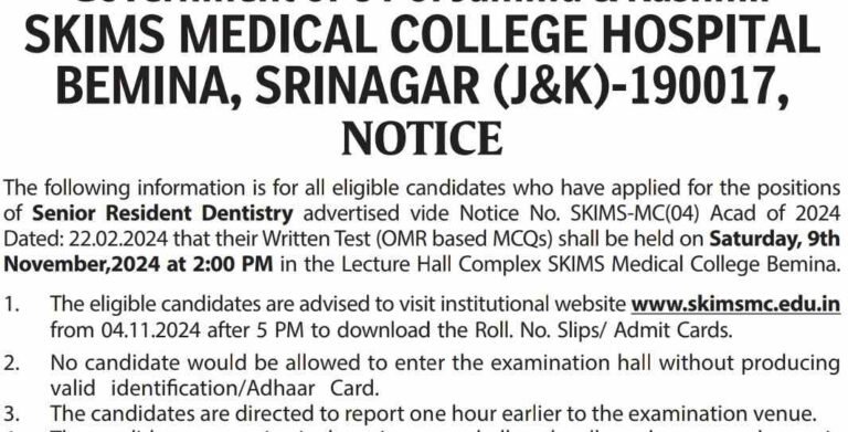 SKIMS Medical College Hospital Recruitment Exam Notice, check details