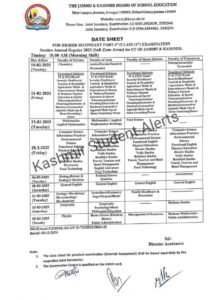 JKBOSE Class 11th Date Sheet 2025 Check Subject Wise Exam dates